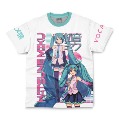 The Dorothy Nikke Streetwear T-Shirt is a white tee with two vibrant illustrations of Hatsune Miku, bold pink “HATSUNE MIKU” text on the front, Japanese lettering, and “VOCALOID” printed on the left sleeve.