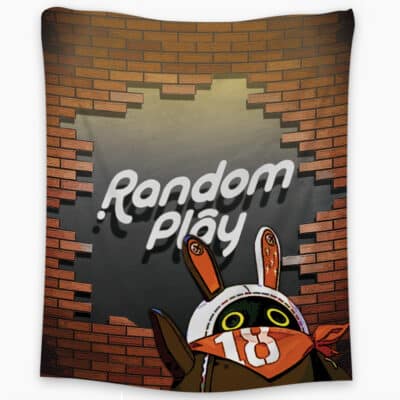 A Princess Mononoke Studio Ghibli Tapestry featuring a cartoon character in a helmet and orange bandana, standing before a brick wall with "Random Play" revealed through a hole.