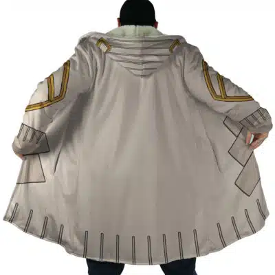 A person wearing the Guita Hebby Fantasia Cosplay Gachiakuta Dream Cloak Coat (Copy), a long light gray coat with gold and black geometric designs, wide collar, white fur trim, holding it open to show the back. Face not visible.
