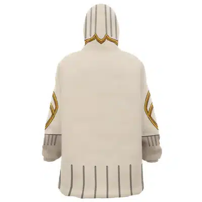 The Guita Hebby Fantasia Cosplay Gachiakuta Oversized Blanket Hoodie features a cream color, gold and black geometric patterns on the sleeves and shoulders, thin vertical black lines along the lower edge, and a hooded design seen from the back.