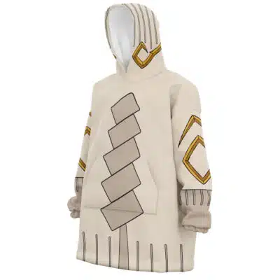The Guita Hebby Fantasia Cosplay Gachiakuta Oversized Blanket Hoodie features a long beige design with geometric gold and gray diamond patterns, plus gold accents on the hood and sleeves. Displayed on a faceless mannequin.