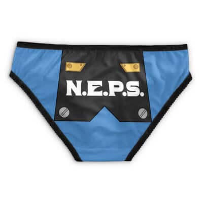 The Psylocke MVC2 Cosplay X-Men Panties feature blue fabric, a black front panel with two gold buttons and two silver rivets resembling overalls, and bold white N.E.P.S. text across the front.