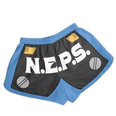 Princess Daisy Dukes Super Mario Bros Women’s Board Shorts feature blue and black colors, “N.E.P.S.” in large white letters on the back, with cartoon bolt and gold rectangle designs on each side against a plain white background.
