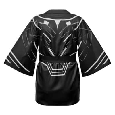 Black Punisher Marvel Happi Coat Haori Kimono featuring wide sleeves, a belted waist, and a bold white and gray geometric pattern on the back inspired by armor or a futuristic design.