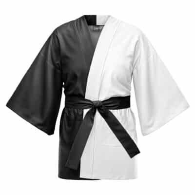 The Snorlax Attack Pokemon Happi Coat Haori Kimono features a kimono style with wide sleeves, a half-black, half-white color split, black waist belt, and two large front pockets.