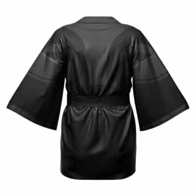 The Chewbacca Star Wars Happi Coat Haori Kimono (Copy) is shown from the back, featuring wide sleeves, a matching waist belt, and a smooth, shiny black satin texture in a kimono-style design.