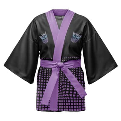 The Autobots Transformers Happi Coat Haori Kimono (Copy) is a black kimono-style robe with a purple sash and collar, grid pattern at the hem, and two purple Decepticon logos on the chest.