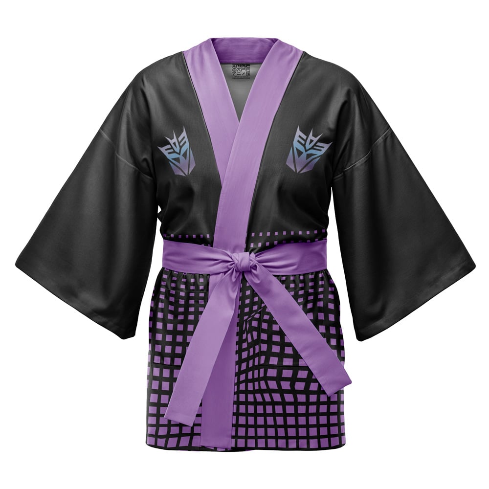 The Autobots Transformers Happi Coat Haori Kimono (Copy) is a black kimono-style robe with a purple sash and collar, grid pattern at the hem, and two purple Decepticon logos on the chest.