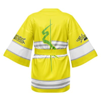 The Nooklings Animal Crossing Happi Coat Haori Kimono is yellow with wide sleeves, white and gray horizontal stripes, Cyberpunk logos on the sleeves, and a green graphic design running vertically down the back.