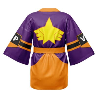 The Franky Wano Arc One Piece Happi Coat Haori Kimono features wide sleeves, a purple and orange design, a large yellow star on the back, and black armbands with white "P" and "V" letters on each sleeve.