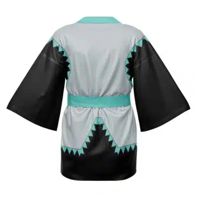 The Tech Priest Warhammer Happi Coat Haori Kimono features wide black sleeves, a light gray body, aqua blue trim and belt, and angular black and aqua blue geometric edge patterns.