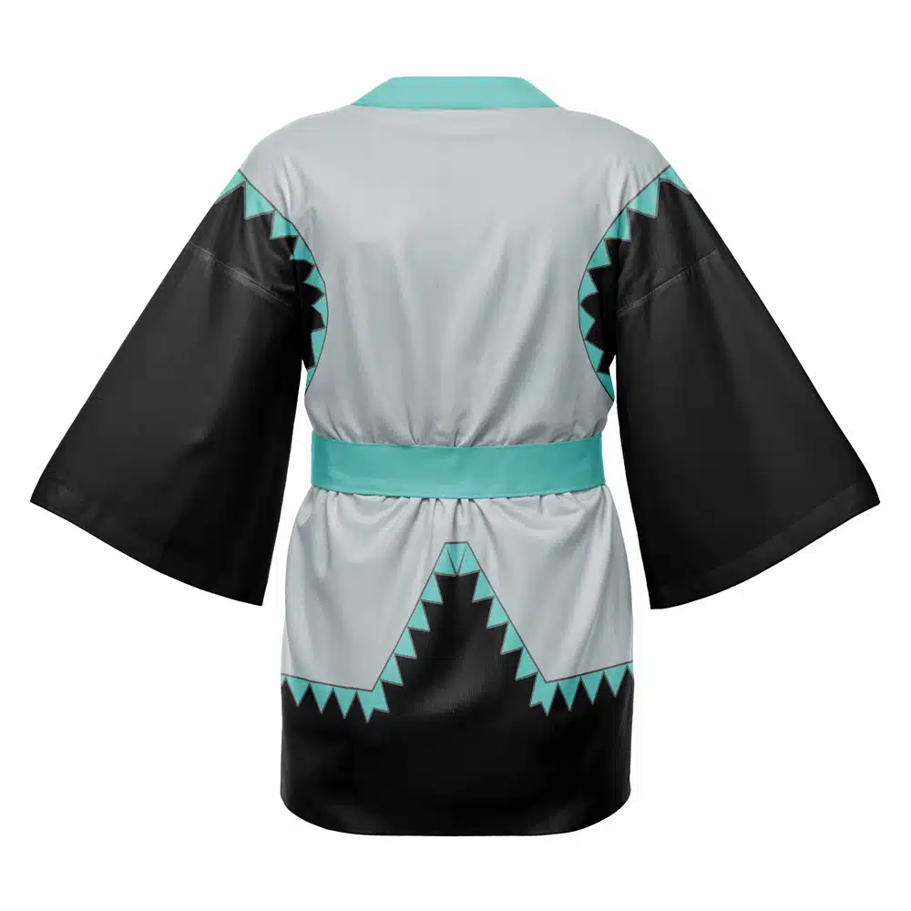 The Tech Priest Warhammer Happi Coat Haori Kimono features wide black sleeves, a light gray body, aqua blue trim and belt, and angular black and aqua blue geometric edge patterns.