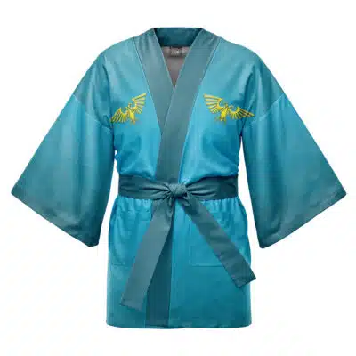 The Obanai Iguro Demon Slayer Happi Coat Haori Kimono features teal fabric, wide sleeves, a sash belt, yellow-gold winged emblems on the chest, subtle patterns, and a glossy finish.