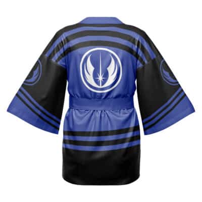 A black and blue Chibi Sith Pattern Star Wars Happi Coat Haori Kimono with wide sleeves, a belted waist, and white Jedi Order symbols on the back and sleeves.