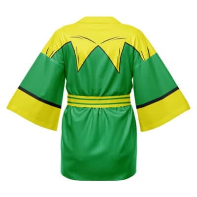 The Black Panther Marvel Happi Coat Haori Kimono features a green and yellow zigzag pattern, wide sleeves, a thick yellow belt, and bold black accents on the back.