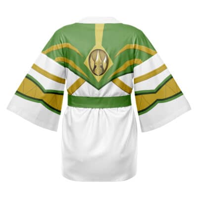 The Black Ranger Mighty Morphin Power Rangers Happi Coat Haori Kimono features a kimono-style robe with green, gold, and white geometric patterns, a central diamond on the back, and stylized accents on the sleeves.
