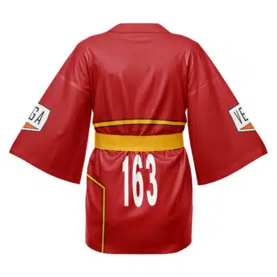 A red Heart Pirates One Piece Happi Coat Haori Kimono with wide sleeves, yellow belt, and white "163" on the back. Each sleeve has a rectangular patch with "VEGA" text.