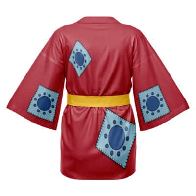 The Luffy Egghead Outfit One Piece Happi Coat Haori Kimono features a red kimono-style design with wide sleeves, light blue patches with dark blue circles, and a wide yellow waist belt.
