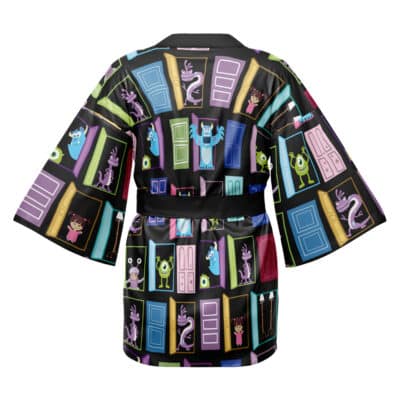 A black Disney Happi Coat Haori Kimono featuring a Cheshire Cat pattern with colorful cartoon monsters and vibrant doors, inspired by Monsters, Inc., shown from the back.