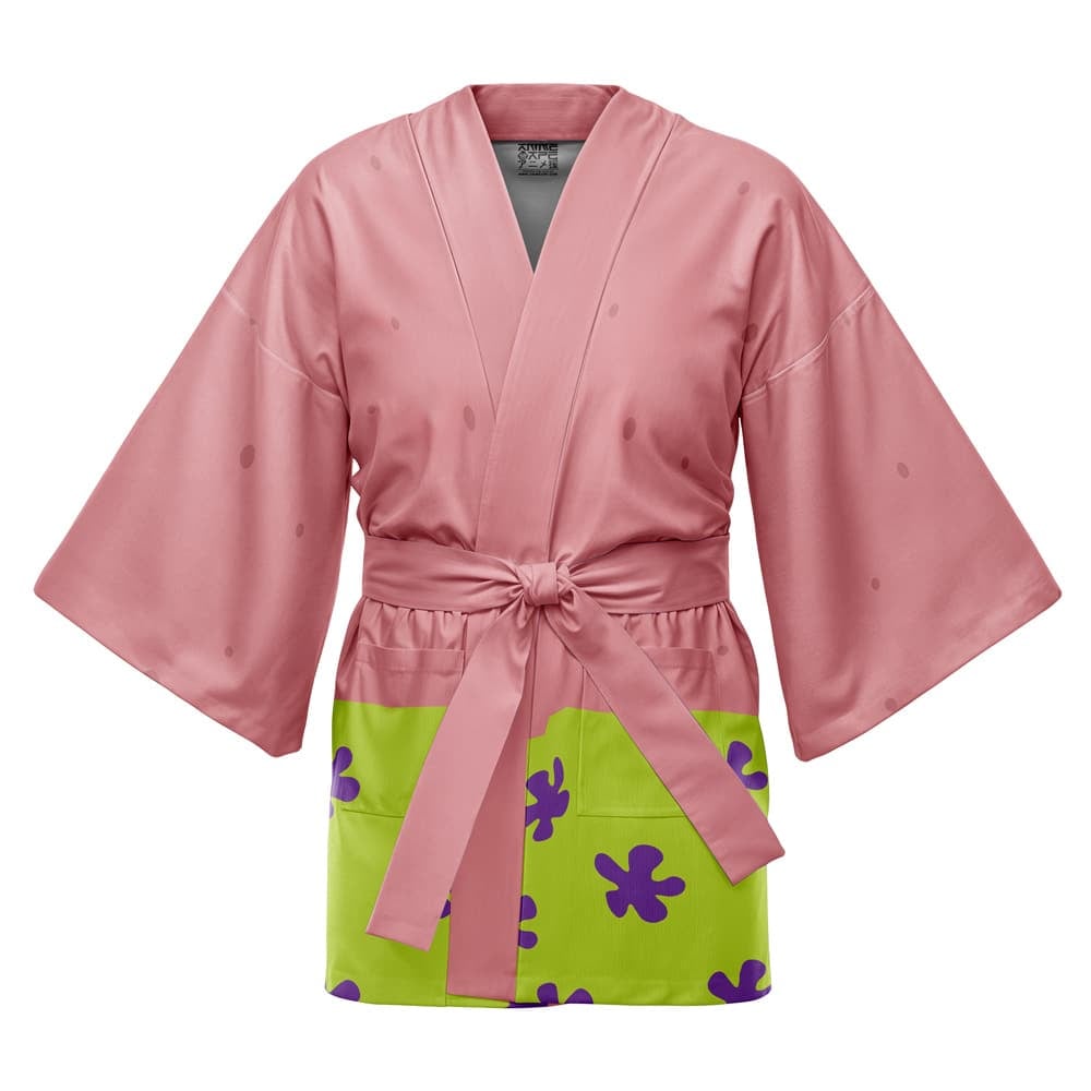 The Spongebob Squarepants Happi Coat Haori Kimono features a pink kimono-style design with wide sleeves, a matching belt, green lower section with purple floral patterns, and subtle spots on the pink fabric.