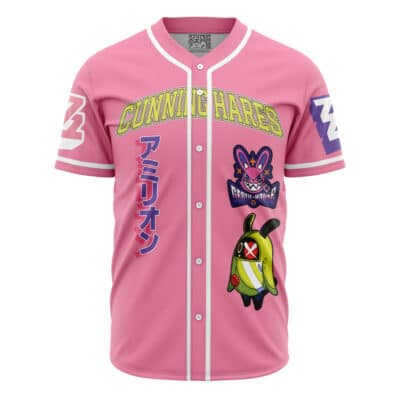 The Personalized Cleaners Gachiakuta Baseball Jersey (Copy) is pink with white buttons, yellow "CUNNING HARES" in Japanese katakana, a bunny cartoon logo, "CRYPTO-HARES," and a colorful bunny graphic near the hem.