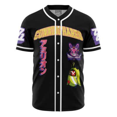 A pink Zenless Zone Zero baseball jersey featuring "Cunning Hares," Japanese text, a cartoon purple rabbit with "Cunning Hares" below it, and a green-yellow character with an X on its face. Customizable for personalization.