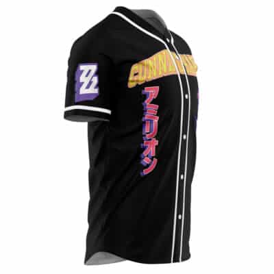 The Personalized Cunning Hares Pink Zenless Zone Zero Baseball Jersey is a black button-up with white trim, "CUNNINGHAM" in gold on the chest, purple “ZZ” on the sleeve, and vertical pink and purple Japanese characters on the front.