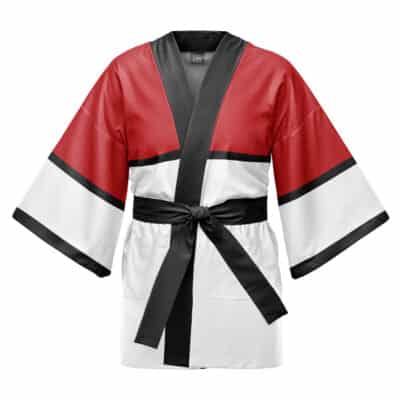 The Poke League Champion Pokemon Happi Coat Haori Kimono features wide sleeves, a red upper section, a white lower section, black neckline trim, and a black waist belt.