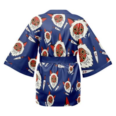 A blue My Neighbor Totoro Pattern Studio Ghibli Happi Coat Haori Kimono with wide sleeves and a repeating red and white wolf mask and knife design inspired by traditional Japanese patterns, shown from the back.