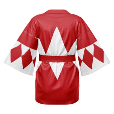 The White Ranger Mighty Morphin Power Rangers Happi Coat Haori Kimono features a red design with wide sleeves, large white and red diamond patterns on the back and sleeves, and includes a matching red waist belt.