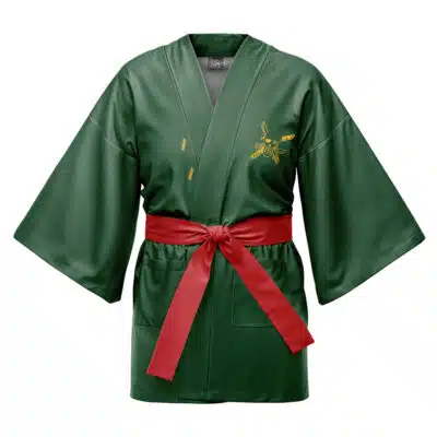 The Red Hair Pirates One Piece Happi Coat Haori Kimono features wide sleeves, two front pockets, a gold chest emblem, and a red waist belt tied in a bow at the front.
