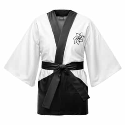 The Obanai Iguro Demon Slayer Happi Coat Haori Kimono is a white and black kimono-style robe with wide sleeves, black collar, matching belt, star design with stylized text on the left chest, and two front pockets.