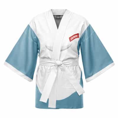 The Sheik Legend of Zelda Happi Coat Haori Kimono features light blue sleeves, white front panels, a shark mouth design, a red "Shark" patch on the left chest, and ties at the waist with a matching belt.