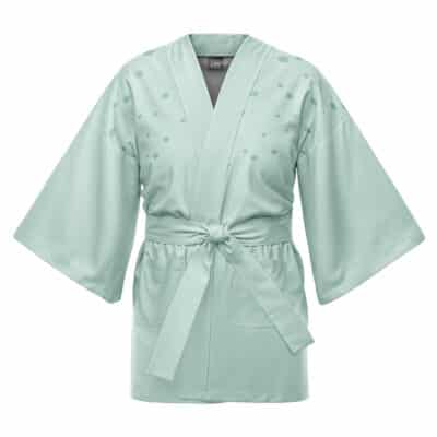 The Bikini Bottom Pattern Spongebob Squarepants Happi Coat Haori Kimono is a light green, knee-length robe with wide sleeves, waist tie, front pockets, and small dot patterns on the shoulders and chest, shown on a white background.