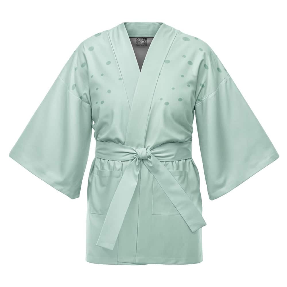 The Bikini Bottom Pattern Spongebob Squarepants Happi Coat Haori Kimono is a light green, knee-length robe with wide sleeves, waist tie, front pockets, and small dot patterns on the shoulders and chest, shown on a white background.
