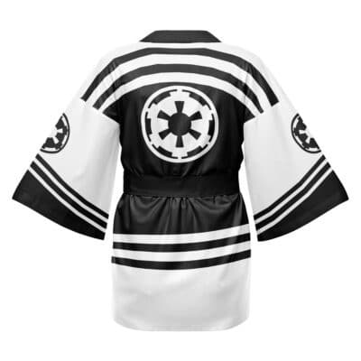 The Jedi Star Wars Happi Coat Haori Kimono features a black and white kimono-style design with wide sleeves, Galactic Empire symbols on the back and sleeves, and bold striped accents.