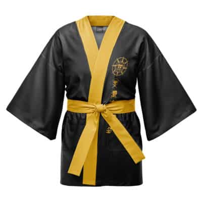 The Roronoa Zoro One Piece Happi Coat Haori Kimono (Copy) is a black kimono-style robe with wide sleeves, a yellow collar and belt, plus gold embroidery of symbols and Japanese characters on the chest.