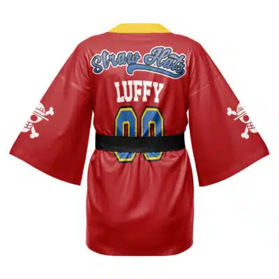 The Straw Hats Jolly Roger One Piece Happi Coat Haori Kimono features a red kimono style, yellow collar, black belt, white pirate logos on the sleeves, and "LUFFY 00" on the back. Inspired by Luffy from One Piece.