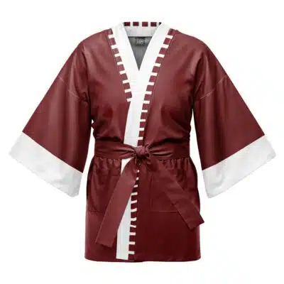 The Imperium Warhammer Happi Coat Haori Kimono features wide sleeves, white trim on the collar and sleeves, a matching maroon waist belt, and a front pattern of small white rectangles.