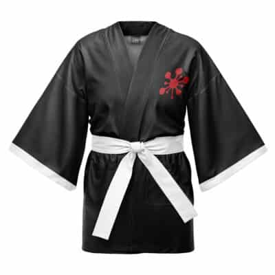 The Sanemi Shinazugawa Demon Slayer Happi Coat Haori Kimono (Copy) features a black jacket with white trim, a white waist belt, wide sleeves, two front pockets, and a red abstract emblem on the left chest.