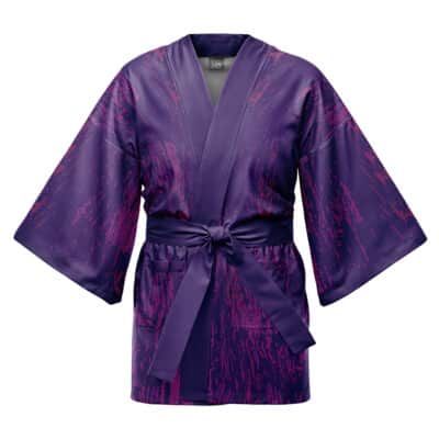The Original Starters Pokemon Happi Coat Haori Kimono features wide sleeves, a matching belt, and a pink streak pattern on purple fabric, shown against a white background.