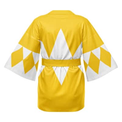 The Umbreon Attack Pokemon Happi Coat Haori Kimono is a short yellow kimono-style robe featuring white diamond-shaped patterns on the back and sleeves, with a matching yellow belt tied at the waist.