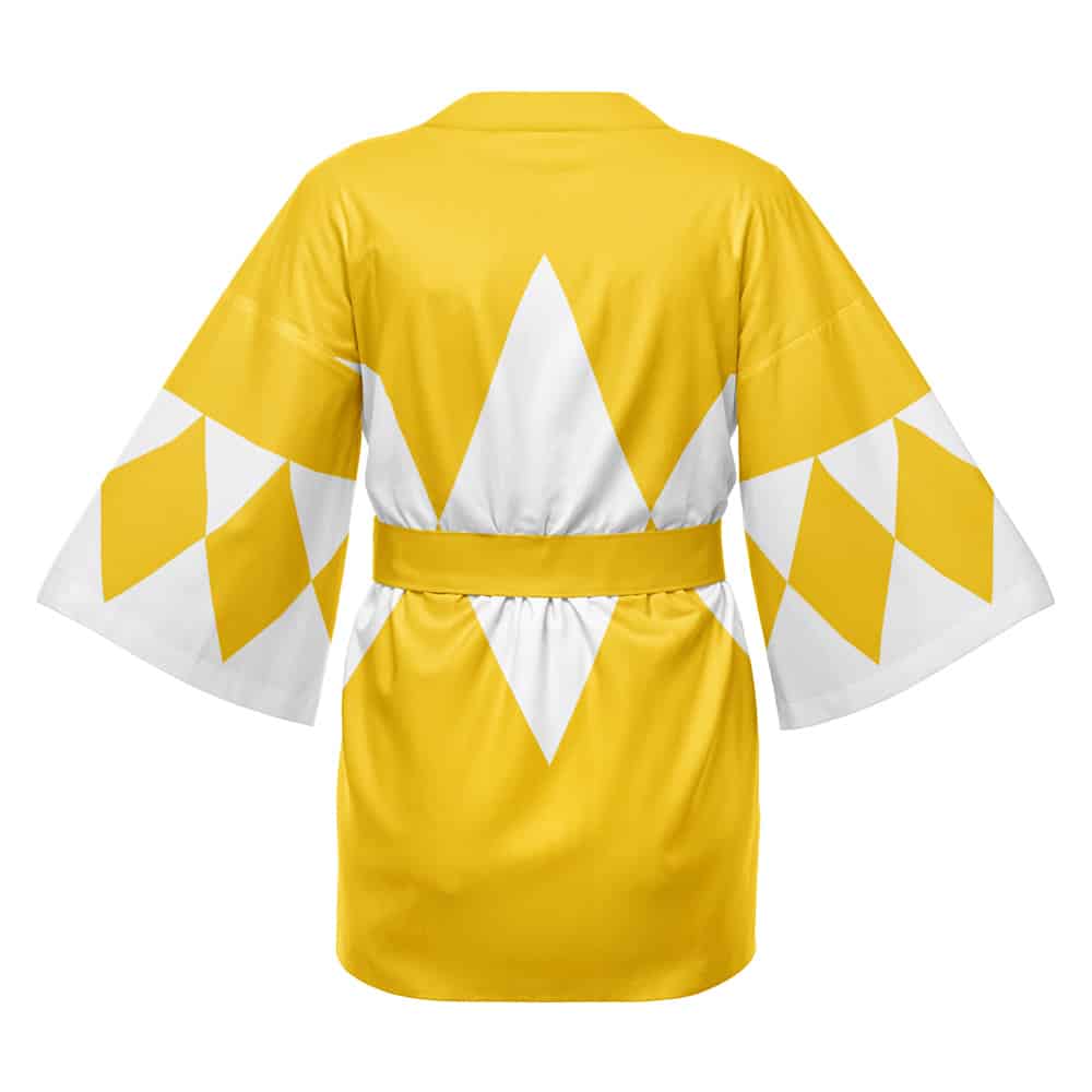 The Umbreon Attack Pokemon Happi Coat Haori Kimono is a short yellow kimono-style robe featuring white diamond-shaped patterns on the back and sleeves, with a matching yellow belt tied at the waist.