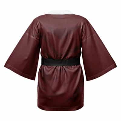 The Kaname Tosen Bleach Happi Coat Haori Kimono (Copy) features a maroon, kimono-style design with wide sleeves, a black waistband, and subtle dark back patterns, shown against a white background.