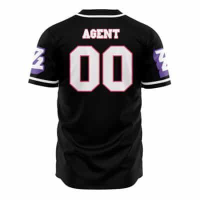 The Cunning Hares Pink Zenless Zone Zero Baseball Jersey features "AGENT" in bold white above the number 00 on the back, with striking white and purple designs decorating the sleeves.