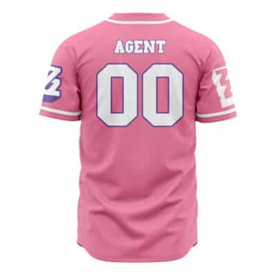 The Cleaners Gachiakuta Baseball Jersey (Copy) is a pink sports jersey viewed from the back, with "AGENT" above the number 00 in bold white and purple outlined text, plus purple and white zigzag designs on the sleeves.