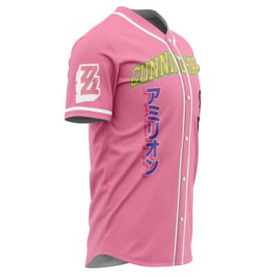 The Cleaners Gachiakuta Baseball Jersey (Copy) is pink with white trim, yellow "CUNNINGHAM" text on the chest, dark blue Japanese characters, and a white ZZ logo on the left sleeve. It is shown on a mannequin.