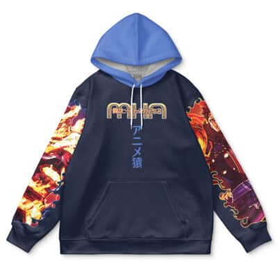 The Iskandar Rider Fate Zero Streetwear Hoodie is a navy blue hoodie with a light blue hood, anime-style sleeve art, and stylized Japanese and English text on the chest.