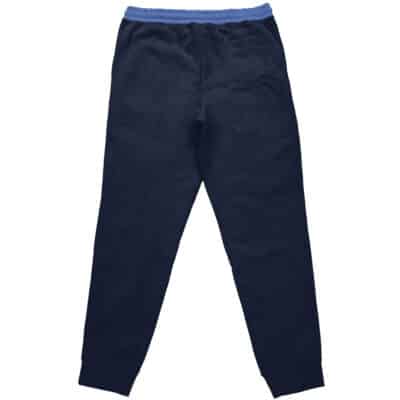 The Iskandar Rider Fate Zero Streetwear Sweatpants in navy blue feature a light blue elastic waistband and ribbed cuffs, displayed flat with the back side visible.