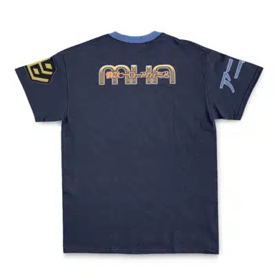 The Iskandar Rider Fate Zero Streetwear T-Shirt features a navy blue base, gold and cream stylized text with Japanese characters on the back, a gold geometric design on the left sleeve, and light blue angular markings on the right sleeve.